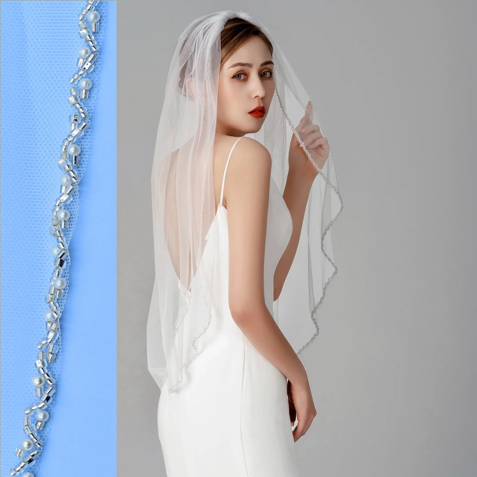 TOPQUEEN V32 Bridal Veil Crystal Beaded Bead Edge Short Veil With Comb Simple Layer Bridal Veil With Rhinestones Clear Crystal