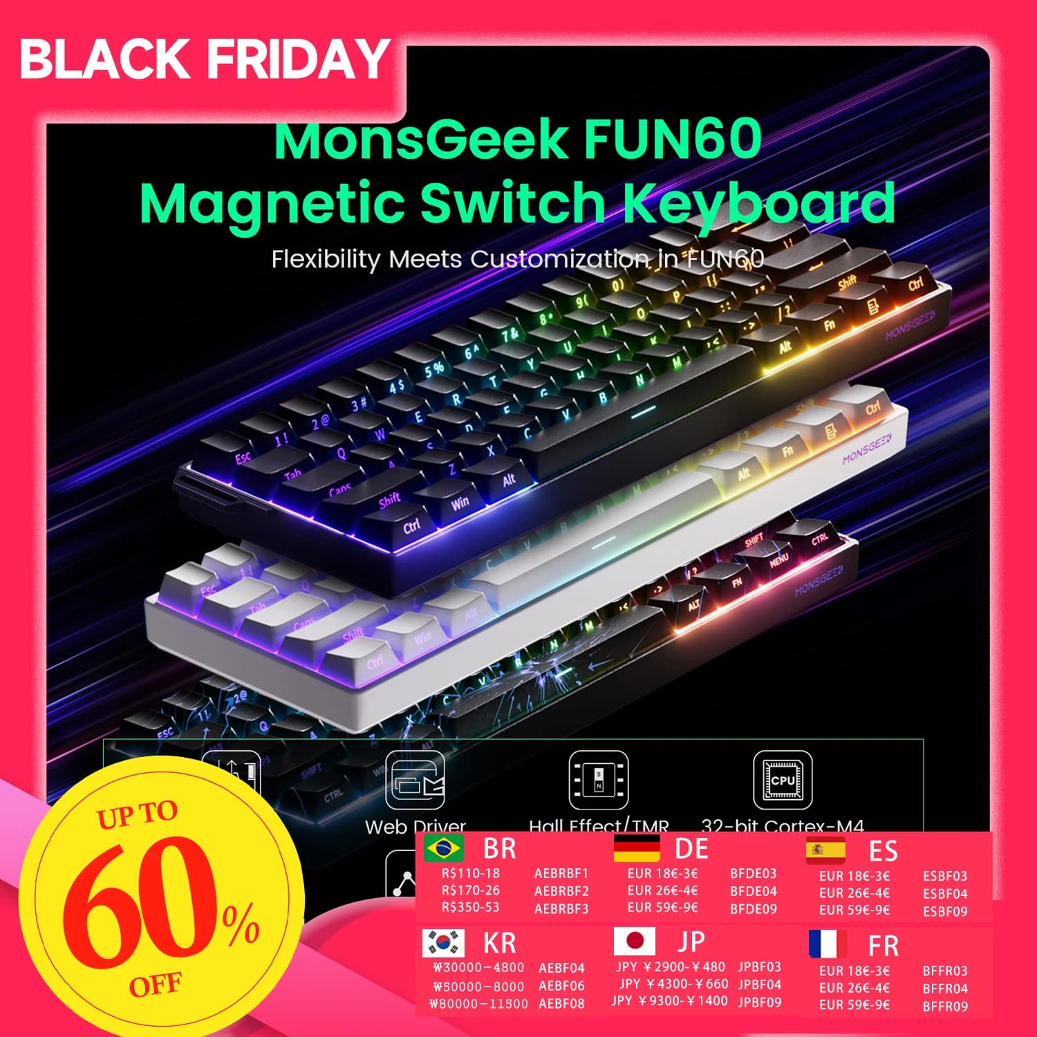 Akko MonsGeek FUN60 Mechanical Keyboard Magnetic Switch 60% Gaming Keyboards Rapid Trigger 0.01mm 8K ARGB HE/TMR Custom Keyboard
