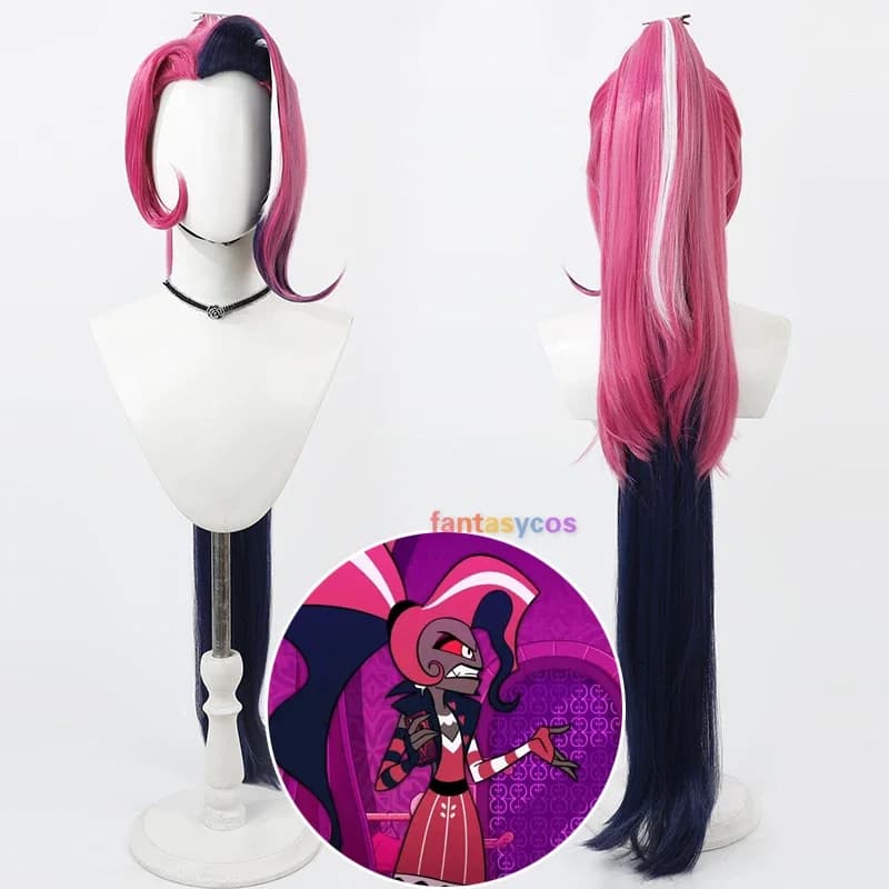 Velvette Cosplay Wig Long Straight Pink Black Wigs with Ponytail Halloween Costume Party Heat Resistant Synthetic Hair