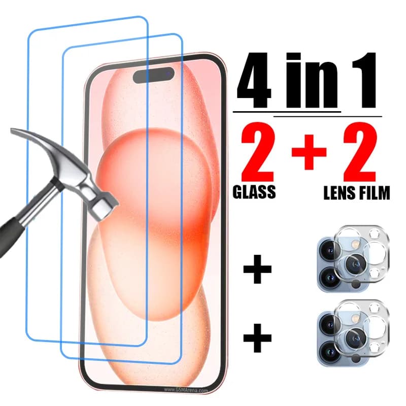 4IN1 Protective Glass for iPhone 15 14 13 12 11 Pro Max XR X XS SE 2022 2020 Mini Camera Lens Protector for iPhone 7 8 6S Plus