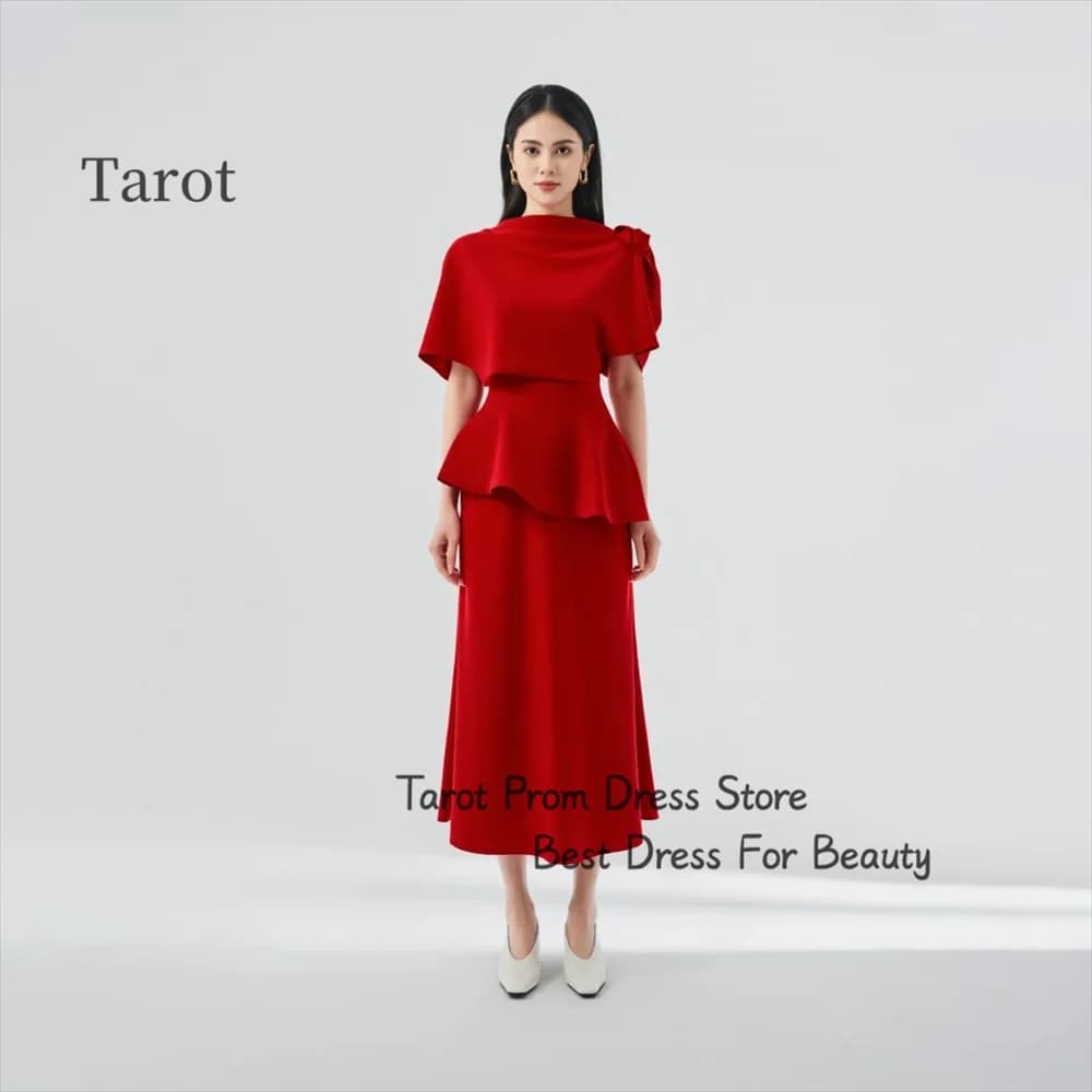 Boat Necline Tiered Ruffle Mermaid Prom Dresses Short Sleeves Tea-length Evening Gowns Corset Formal Party Gowns فساتين سهرة