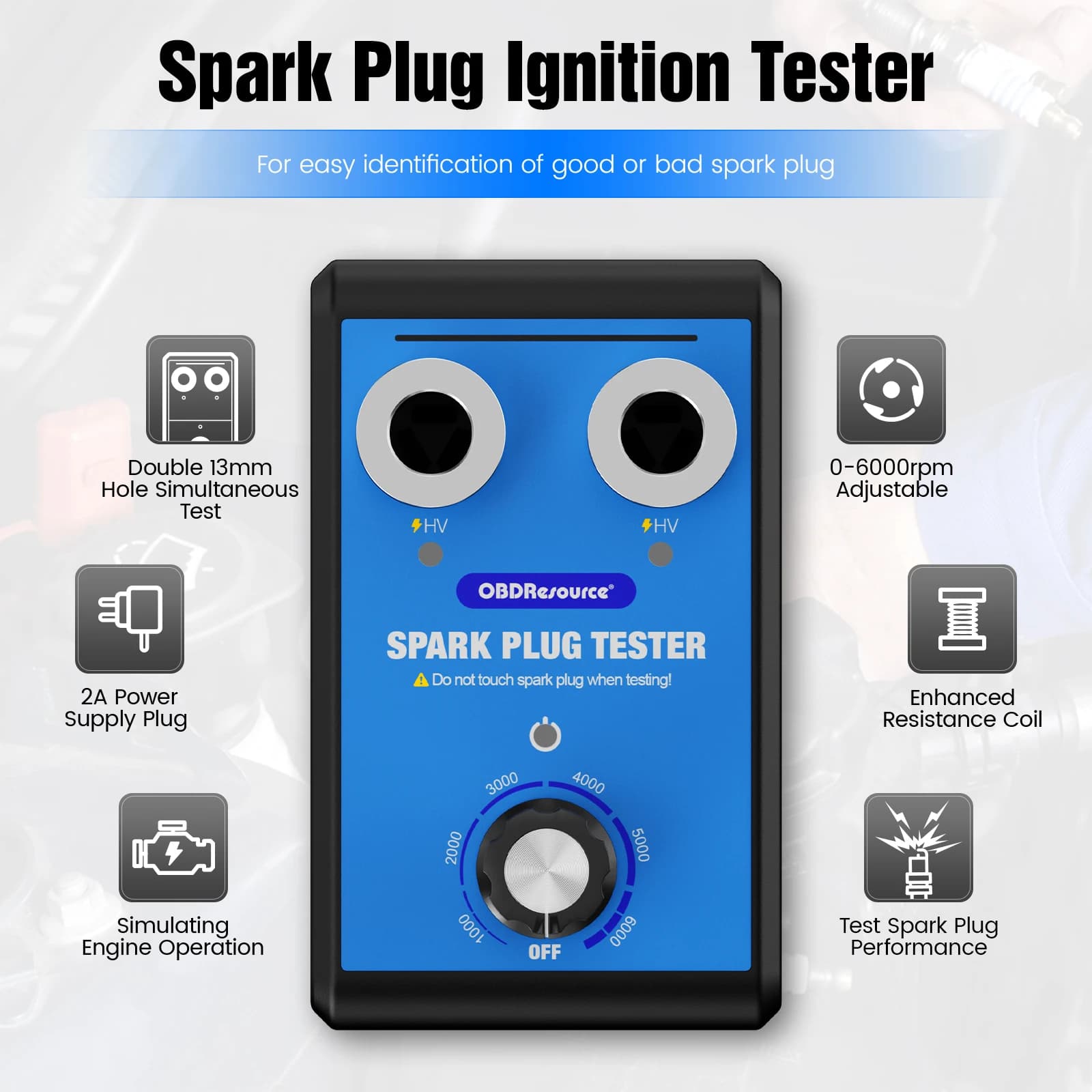 OBDResource Car Spark Plug Tester Pro Dual Holes 0-6000rpm Work Frequency Auto Engine Ignition Coil Tester Spark Tester Tool