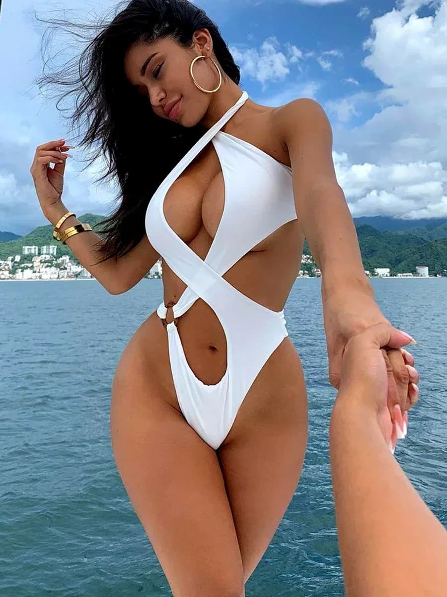 2025 Sexy High Cut Out Halter Female Swimwear One Piece Swimsuit Women Cross Bandage Monokini Bather Bathing Suit Swim Beachwear