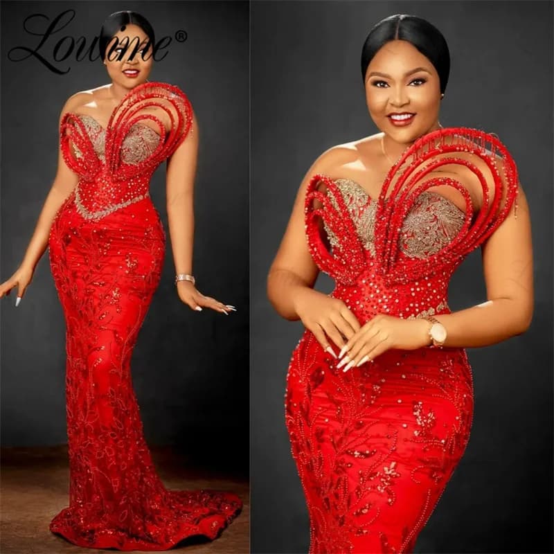 African Prom Dresses Special Occasion Red Evening Gown Mermaid Rhinestones Crystal Nigeria Black Girl Party Dress Customized