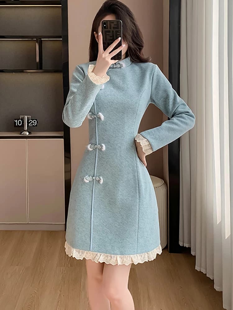 Autumn Winter Blue Corduroy Plus Cotton Warm Mini Dress Women Chic Lace Ruffled Kawaii Dress 2025 Korean Fashion Casual Dresses