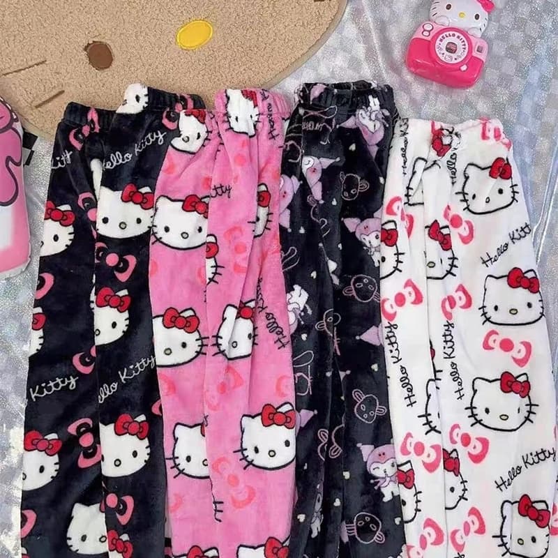 MINISO Hello Kitty Pajamas Pants Black Flannel Women Kawaii Woolen White Cartoon Casual Home Pants Autumn Fashion Trousers Gifts
