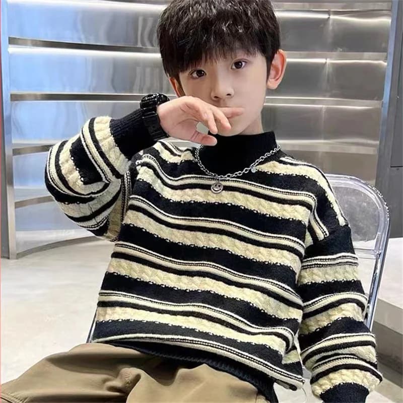 Boys Woolen Sweater Cotton Knitting Windbreak 2025 Stripe Plus Thicken Autumn Winter Outwear Sport Teenagers Christmas Warm Chil