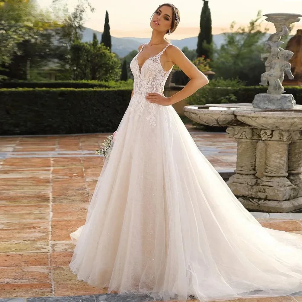 Shiny Tulle Vestidos De Novia Spaghetti Straps V Neck Lace A Line Wedding Dresses Appliques Vestido De Noiva