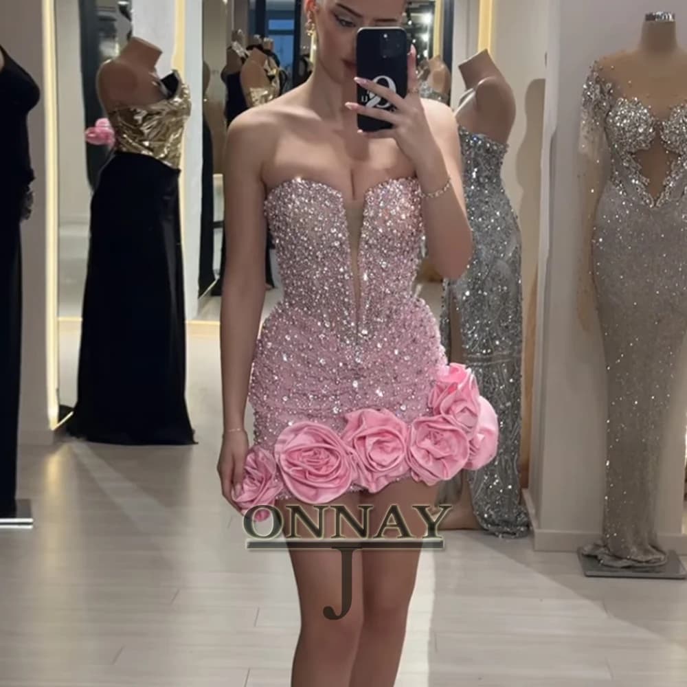 Customized Sexy Sweetheart Sequin Homecoming Dresses 3D Flowers Mini Crystals Women Saudi Arabric Bespoke Cocktail Dress Plus