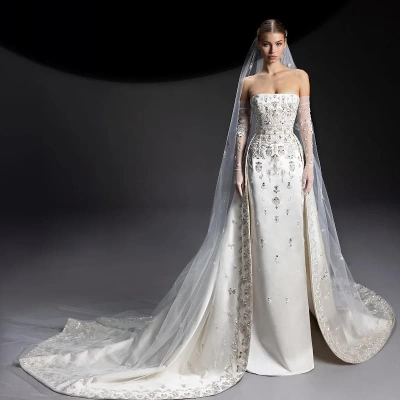 L219 New Arrival Strapless Long Sleeves Crystal Sheath Satin Long vestidos de novia فساتين سهرة свадебное платье wedding dresses