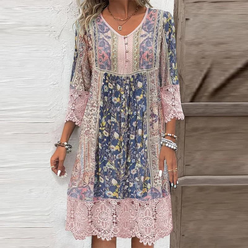 Spring/Summer Woman Retro Printed Lace Lace Dress Fashionable Women's Round Neck Seven Quarter Sleeve Button Loose Maxi Dress
