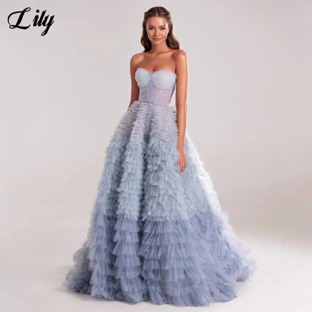 Lily Dusty Blue Sweetheart Evening Dresses Sleeveless Net Charming Prom Dresses Tiered Layer Party Dresses for Woman Customized