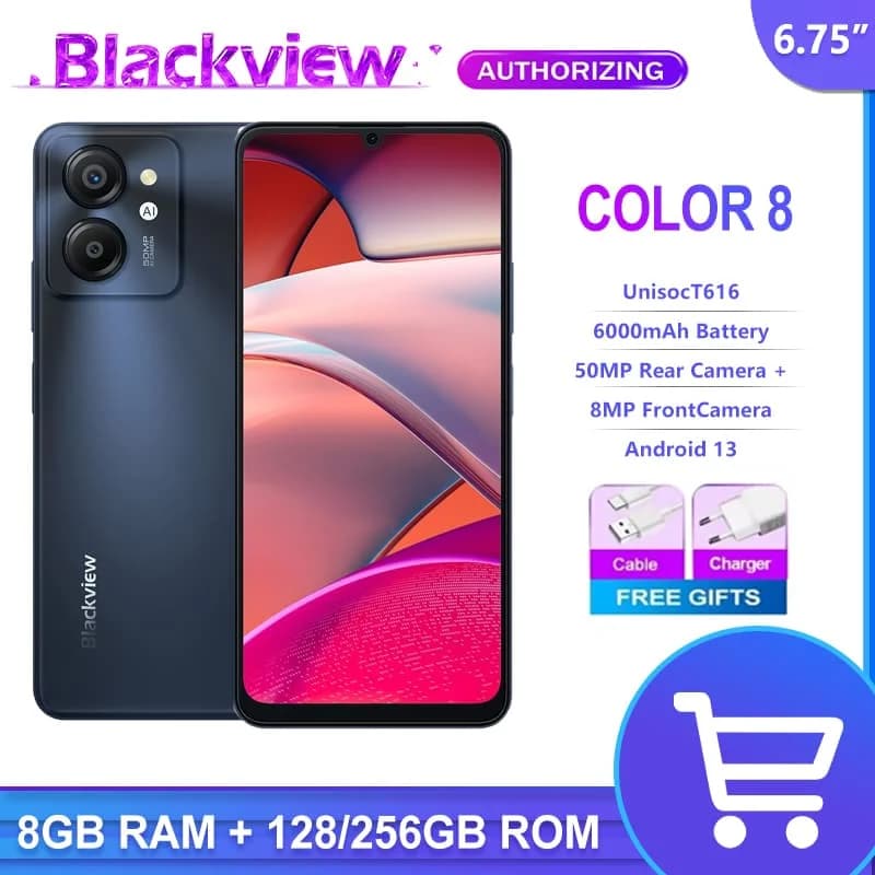 Blackview COLOR 8 Smartphone 6.75'' Display 90Hz Android 13,8GB+128GB/256GB 50MP Rear Camera 6000mAh Battery 18W Fast Charging