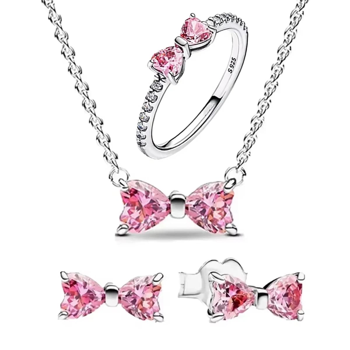 Pink Bow Set Original 925 Sterling Silver Colorful Zircon Ring Earrings Bracelet Necklace Original DIY Women's Jewelry Gift