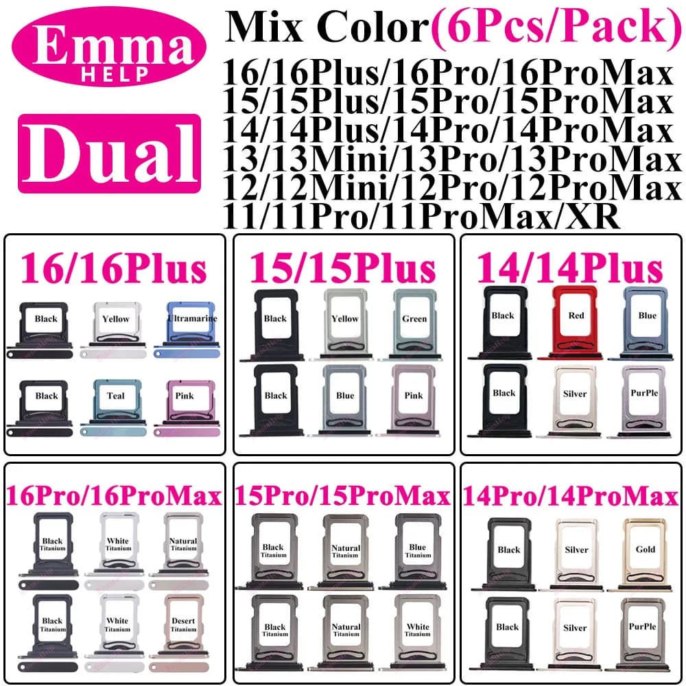 6Pcs Dual SIM Card Tray For iPhone 13 15 16 Pro Max 12 Mini 11 14 Plus Single Card Slot Drawer Holder Chip Tray Sim Card Reader