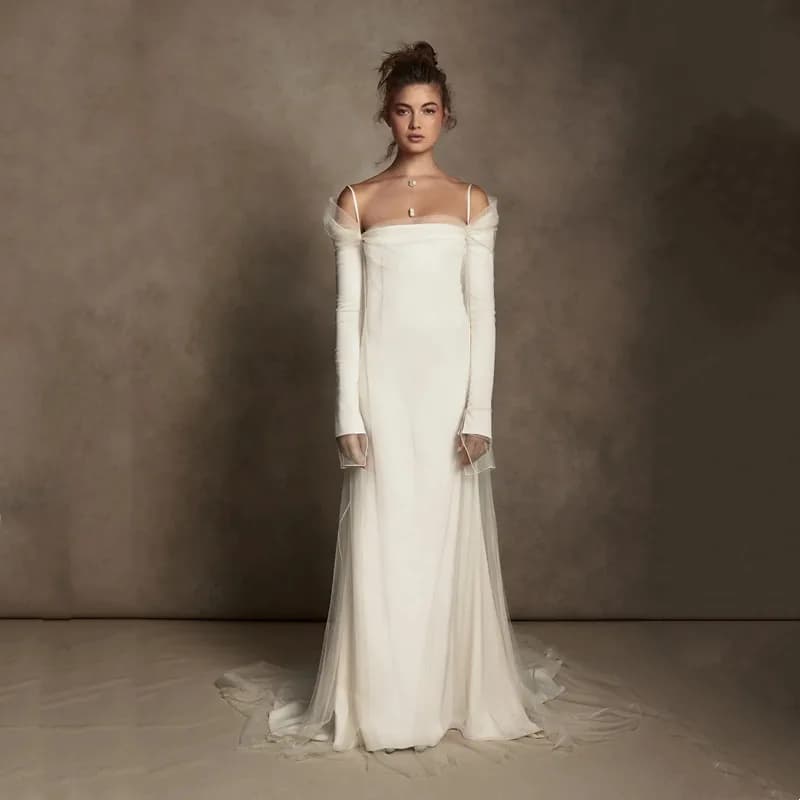 Customized Elegant Tulle Straight Wedding Dresses Off Shoulder Pleat Long Sleeves Bridal Gowns Sexy Strapless Backless Lace Up