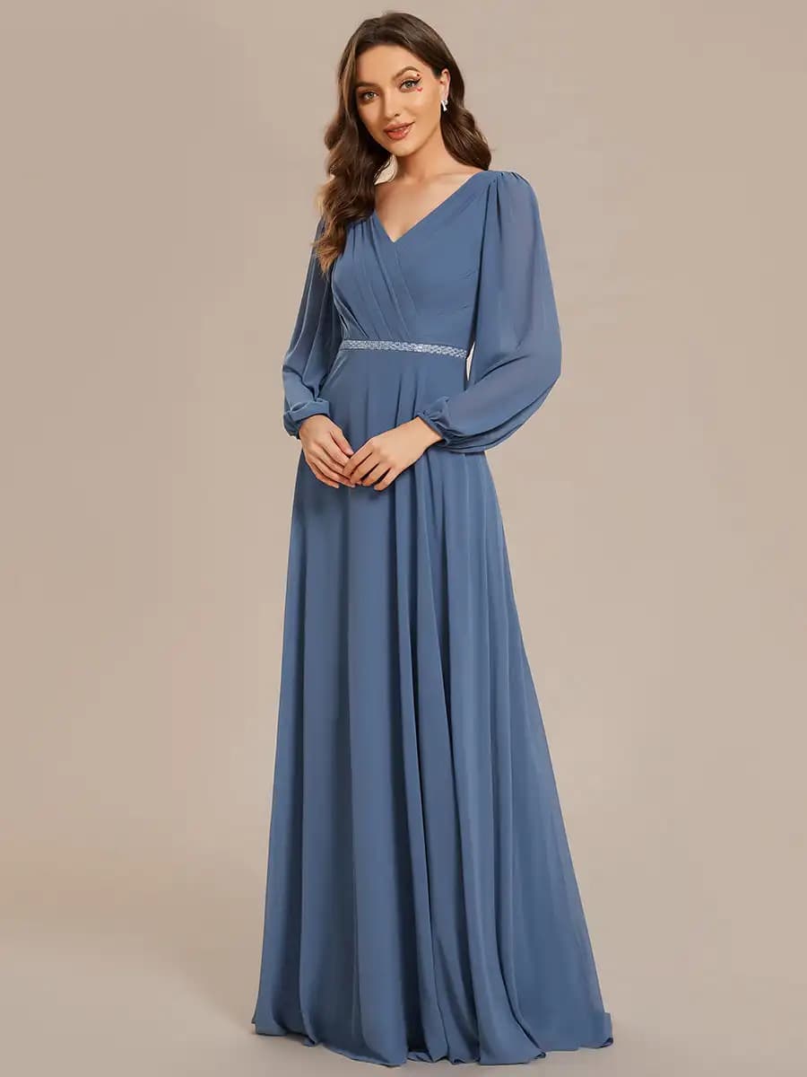 Elegant Evening Dresses Waisted V-neck long sleeve Sequins Floor-Length 2025 Ever pretty of Chiffon Dusty Navy Bridesmaid dress