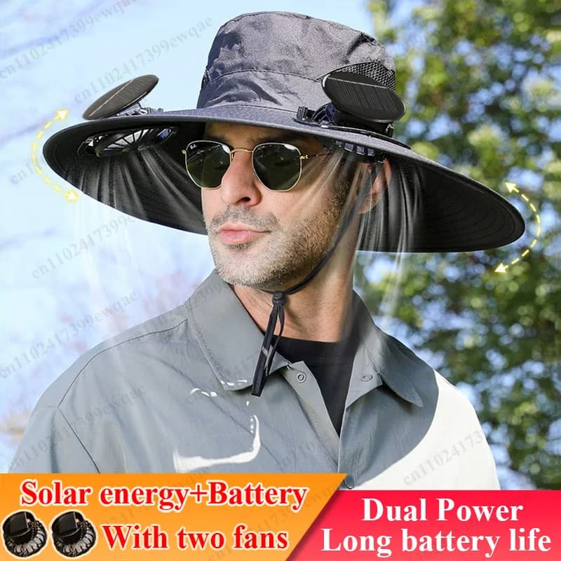 2025 Wide Brim Solar Fan Hat Sun Protection with Dual Power (Solar USB) Adjustable Outdoor Beach Hike Fishing Hat for Men Women