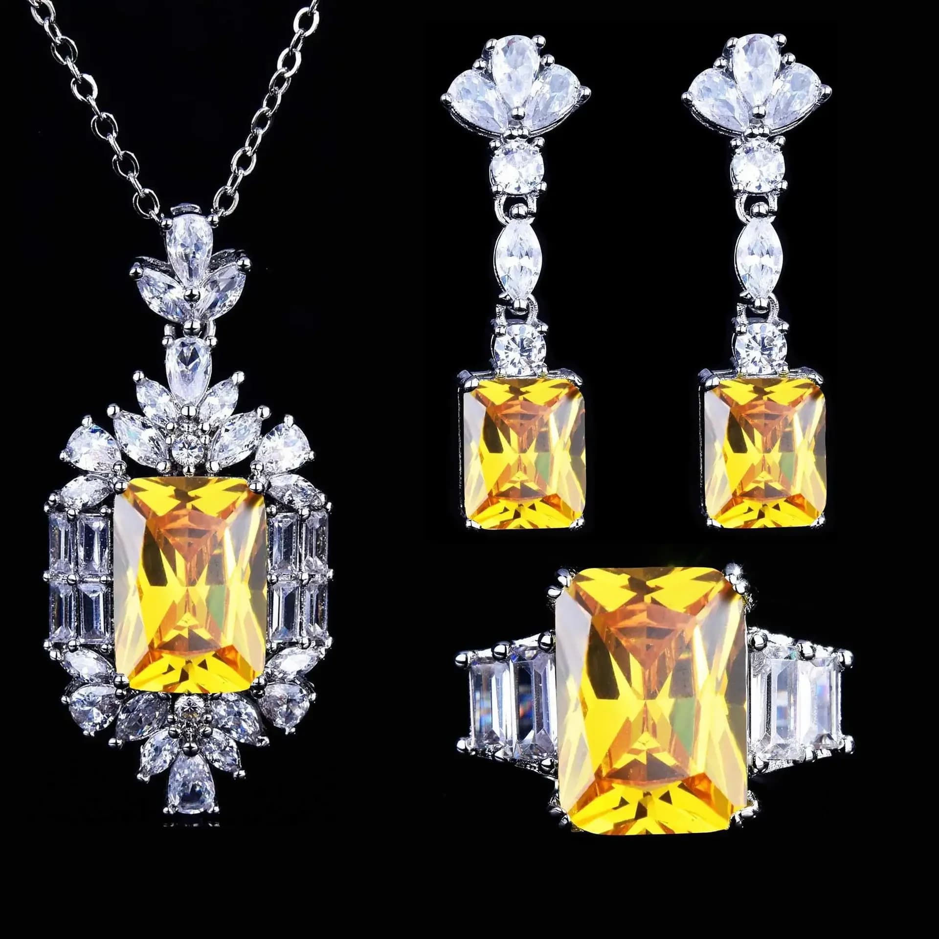 Fashion Niche Yellow Color Zircon Earring Ring Necklace Three-Pieces Set For Women Party Birthday Custom Jewelry