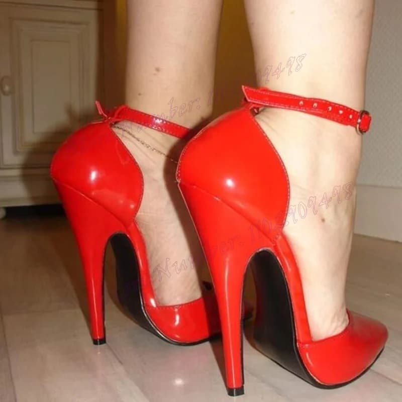 Red Ankle Strap Sexy Party Pumps Patent Leather Pointy Toe Shoes for Women Extreme Thin High Heel Shoes 2024 Zapatos Para Mujere