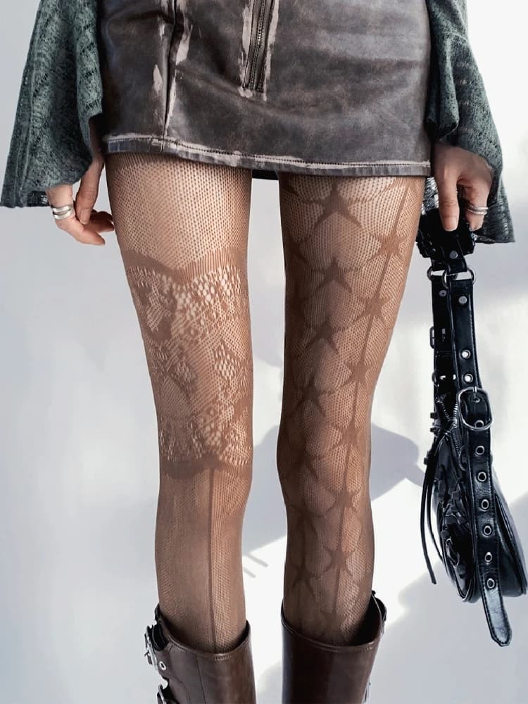 New AB Design Coffee Tights Punk Women Sexy Fishnet Stockings Gothic Lolita JK Sweet Lace Five-pointed Star Print Mesh Pantyhose