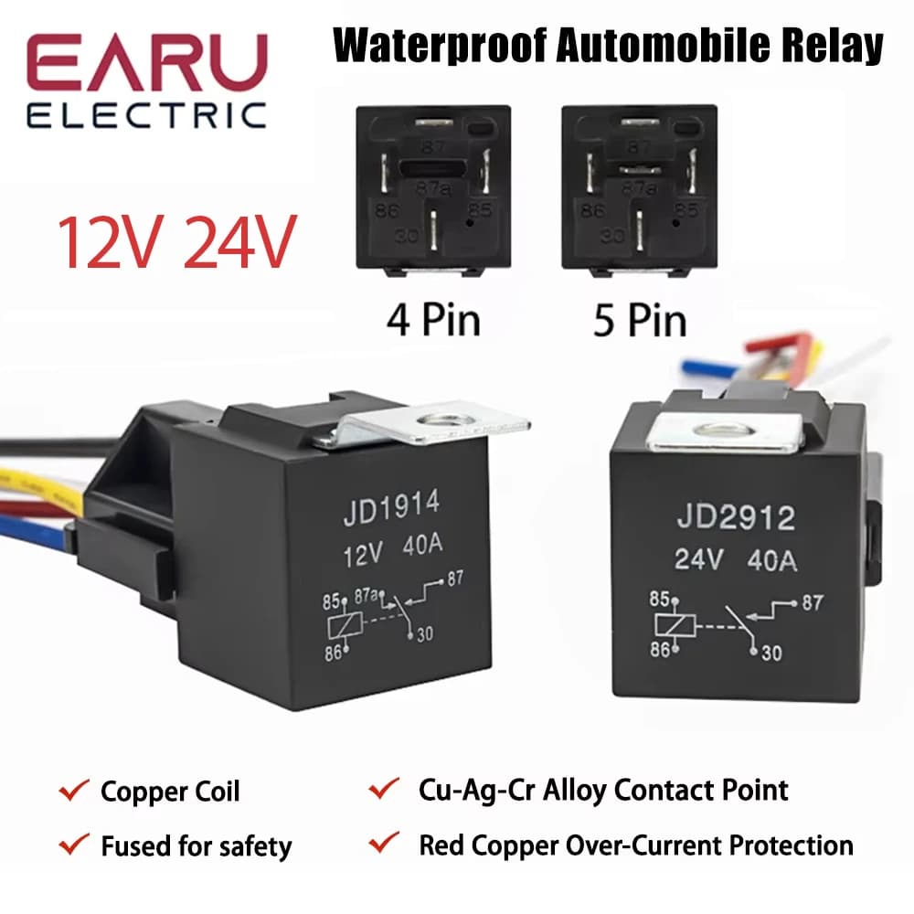 Waterproof Automotive Relay 12V 24V 4pin 5pin 4P 5P 40A Car Relay With Black Red Copper Terminal Auto Relay With Relay Socket