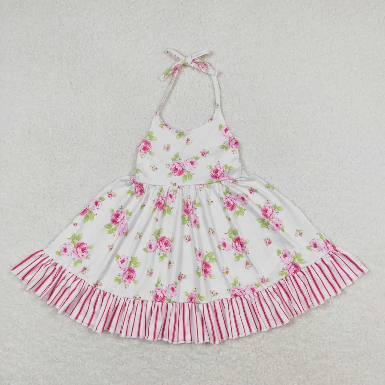 Wholesale Baby Girl Summer Sleeveless Stripes Ruffle Flower Dress Toddler Knee Length One Piece Kids Children Floral Clothing