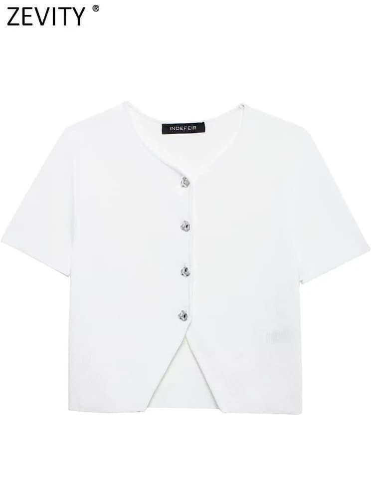Zevity Women Fashion O Neck Short Sleeve Midriff-baring Knitting Sweater Female Chic Buttons Design Cardigan Coats Tops CT6248