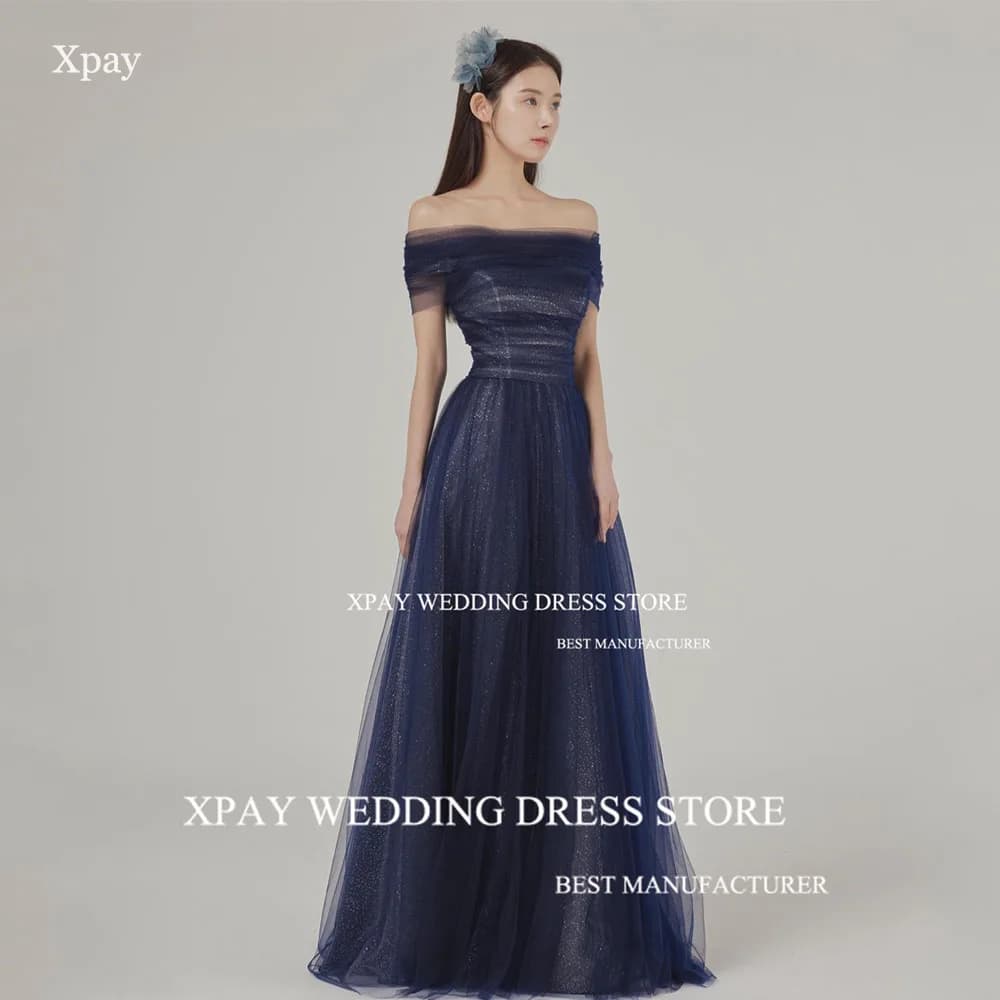 XPAY Navy Blue Glitter Evening Dresses Customised Off The Shoulder Wedding Photo shoot Lace Up Back A Line Backless Prom Gown