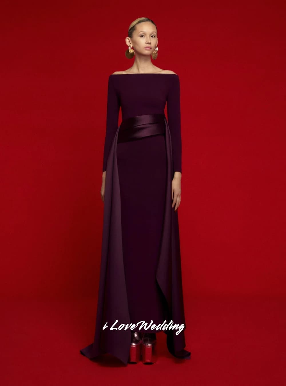 Purple Off Shoulder Evening Dresses 2025 Satin Long Sleeve Mermaid Pleated Floor-Length Elegant Wedding Party Dresses Customized