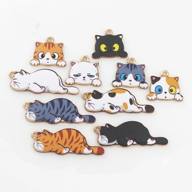 Cute Cat Metal Charm Pendant 20pcs Cartoon Animal Kitten Enamel Charms Kawaii Gold Earrings Making Accessories DIY Findings