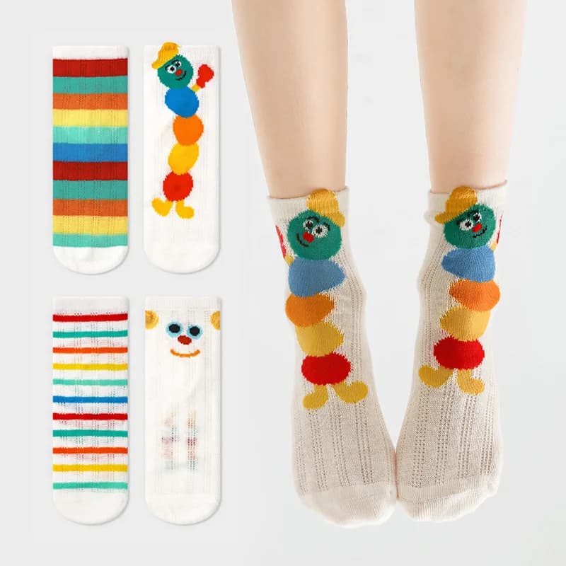 4 Pairs Girls Socks Cute Cartoon Caterpillar Pattern Comfortable Breathable Striped Socks For Boy Kids