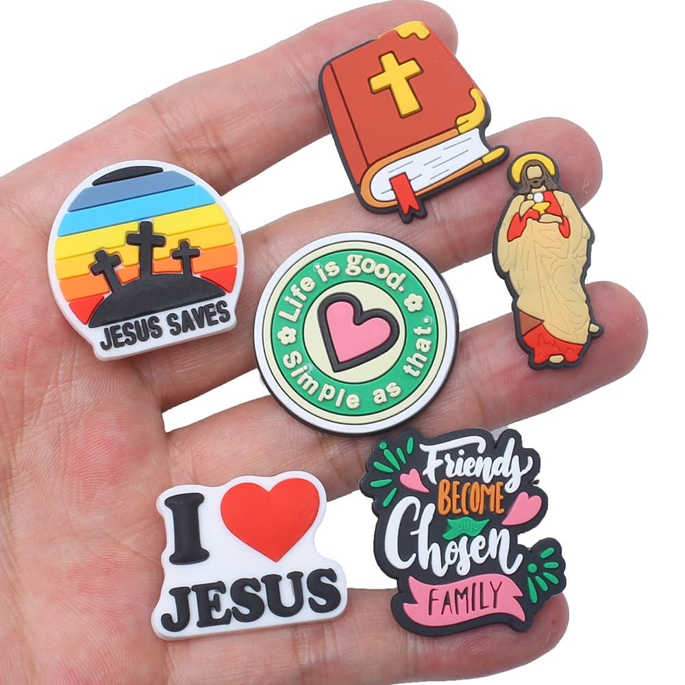 Single sale 1pcs Religious series shoe Charms PVC Shoe Accessories Decorations Fit Wristband Classic Clog Party Present