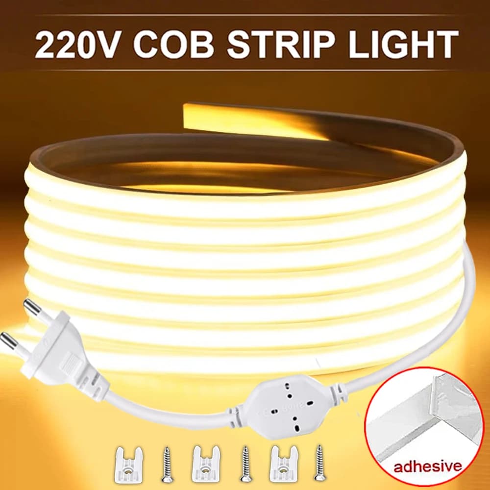 High Brightness LED Strip Light 220V Waterproof Cob LED Strip EU Power Plug Flexible Ribbon Tape for Home Room Outdoor Decor