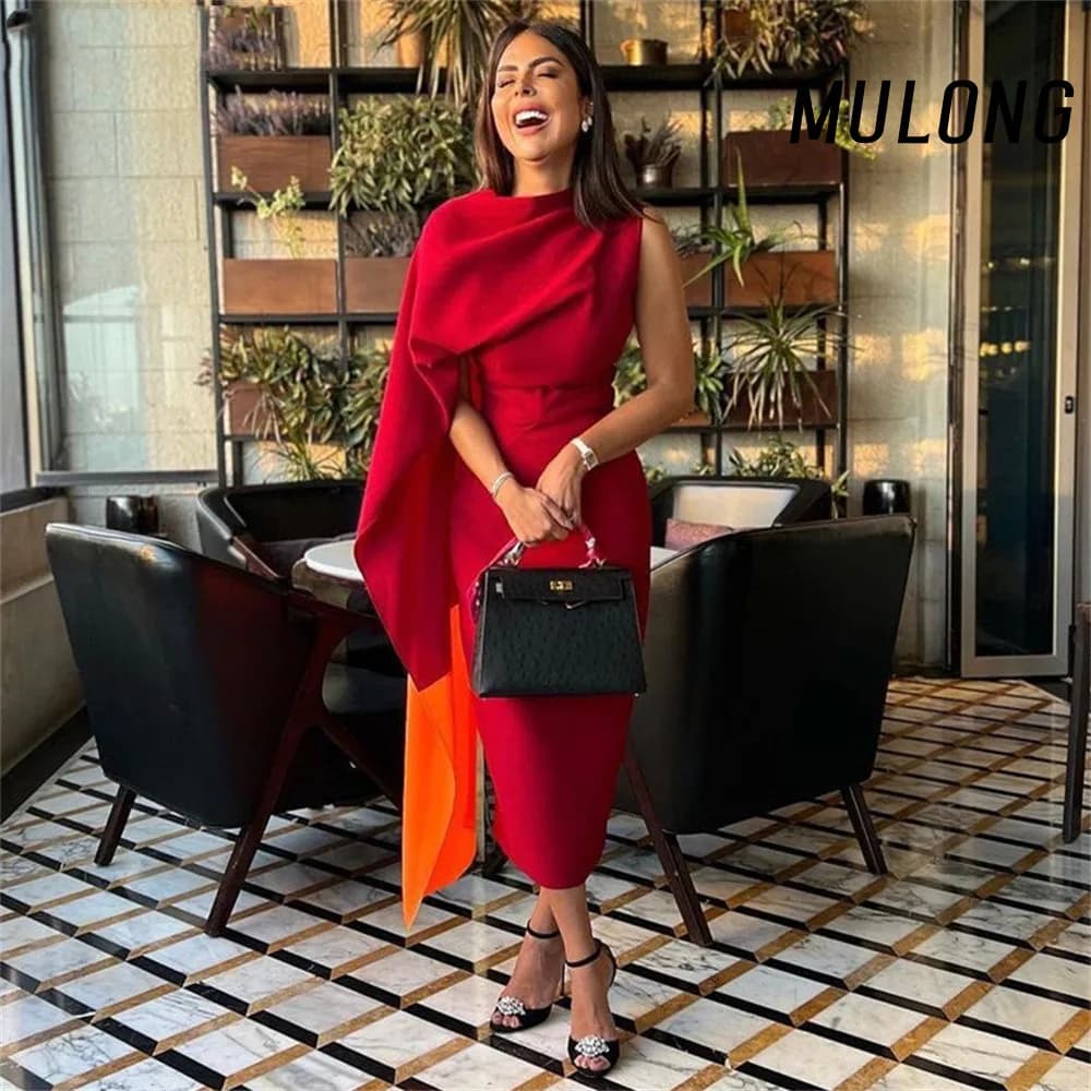 Fashion High Neck One Shoulder Half Sleeve Mermaid Long Red Evening Dress Tea Length Elegant Formal Prom Gown 2025 Customized