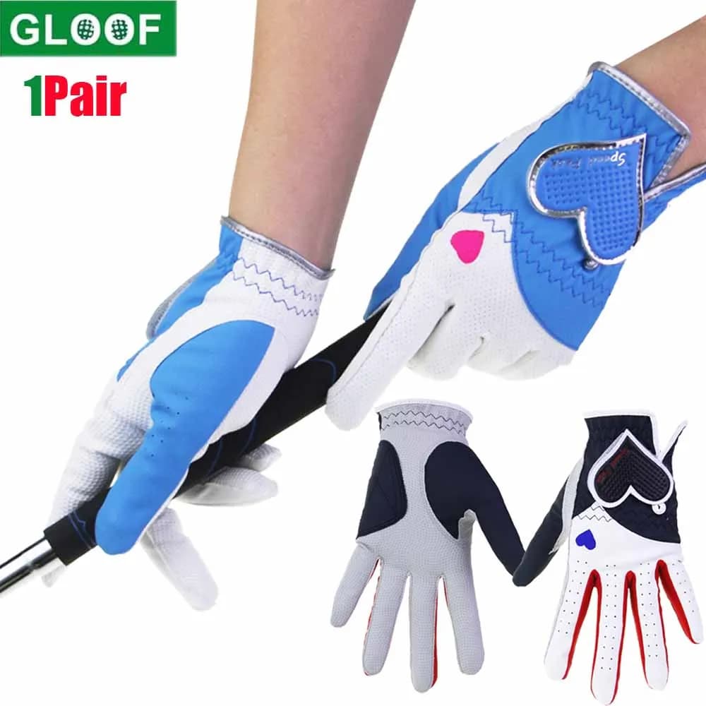 1 Pair Women's PU Leather Golf Gloves Micro Soft Fiber Breathable Anti-Slip Left And Right Hand Heart Sports Gloves Women