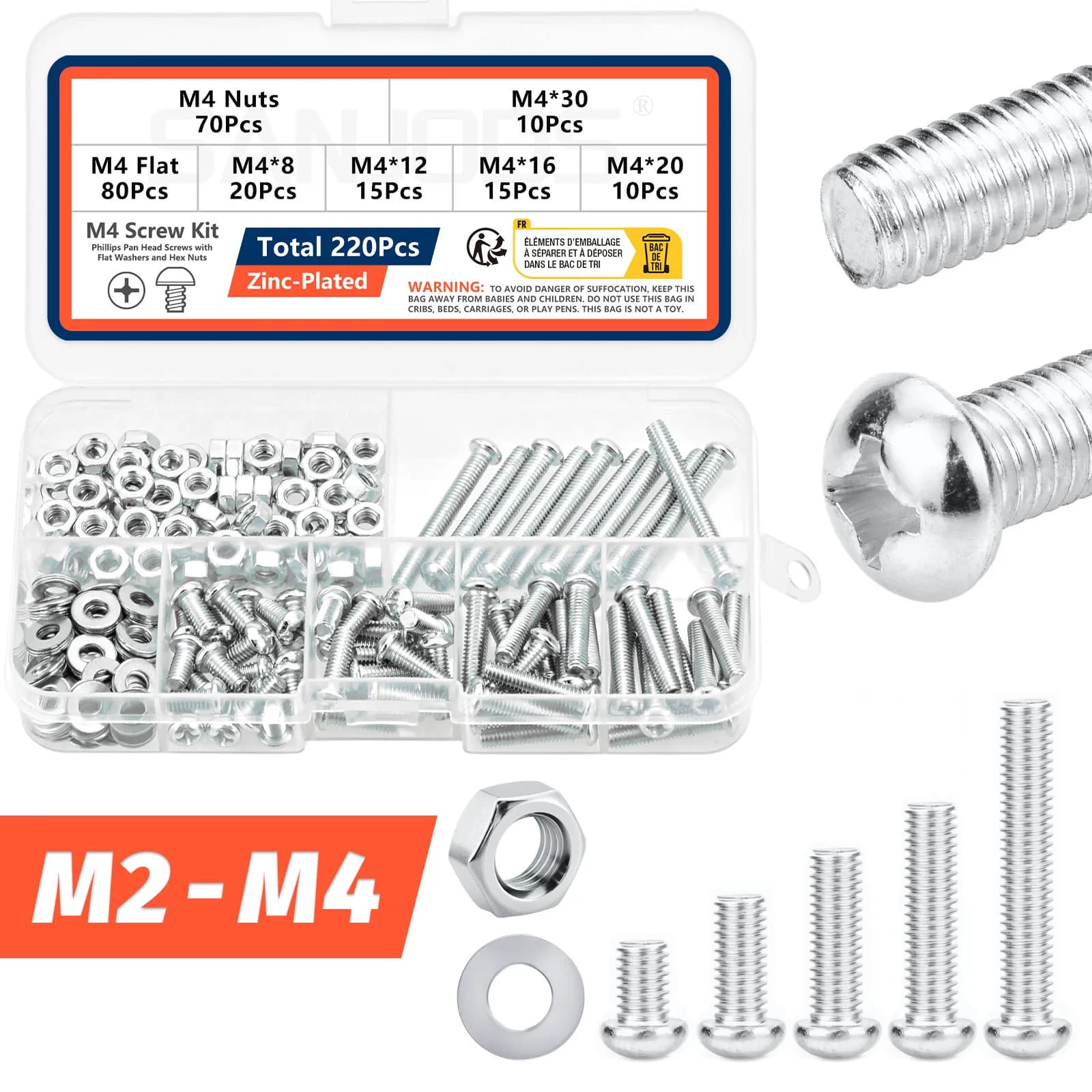 M2 M3 M4 Screws Bolts and Nuts Assortment Kit, Metric Machine Screws & Flat Washers, Phillips Pan Head Sets for 3D Printer DIY