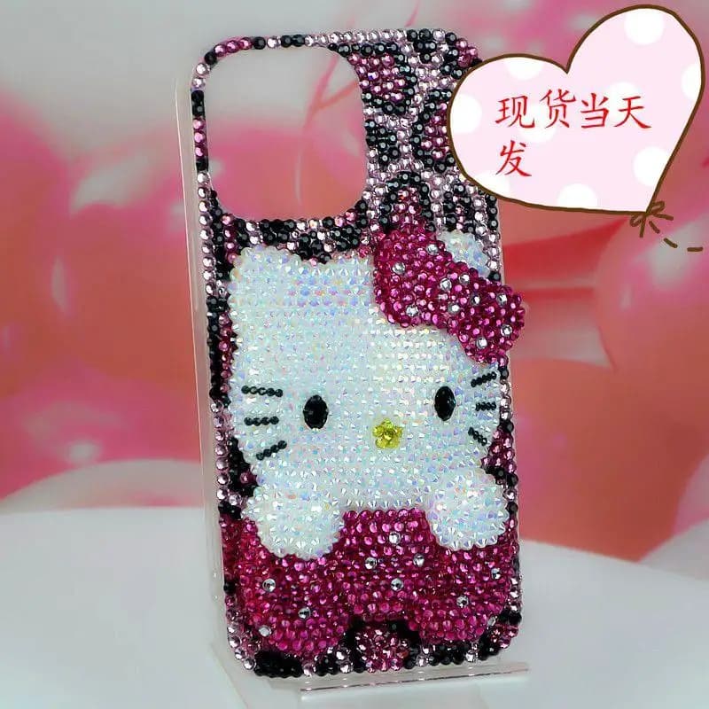 Hot Sanrio Kawaii Iphone Phone Case Hello Kitty Cartoon Three-Dimensional Glue Diamond Iphone15Promax Cartoon Anti-Fall Cover