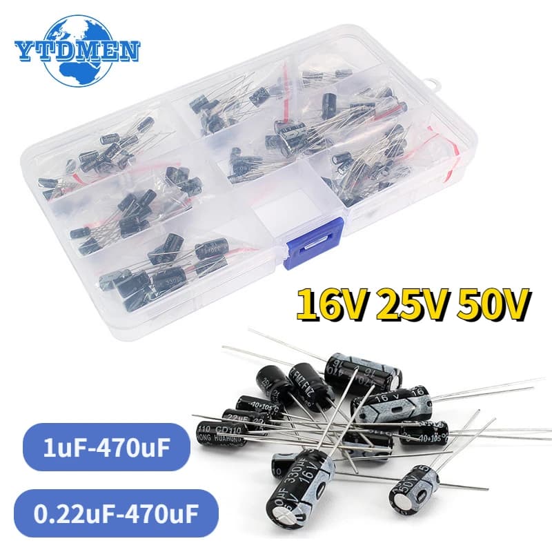 120PCS 16V 25V 50V Aluminum Electrolytic Capacitors Kit 12 Values 1uF-470uF , 0.22uF-470uF DIP Electrolyte Capacitor