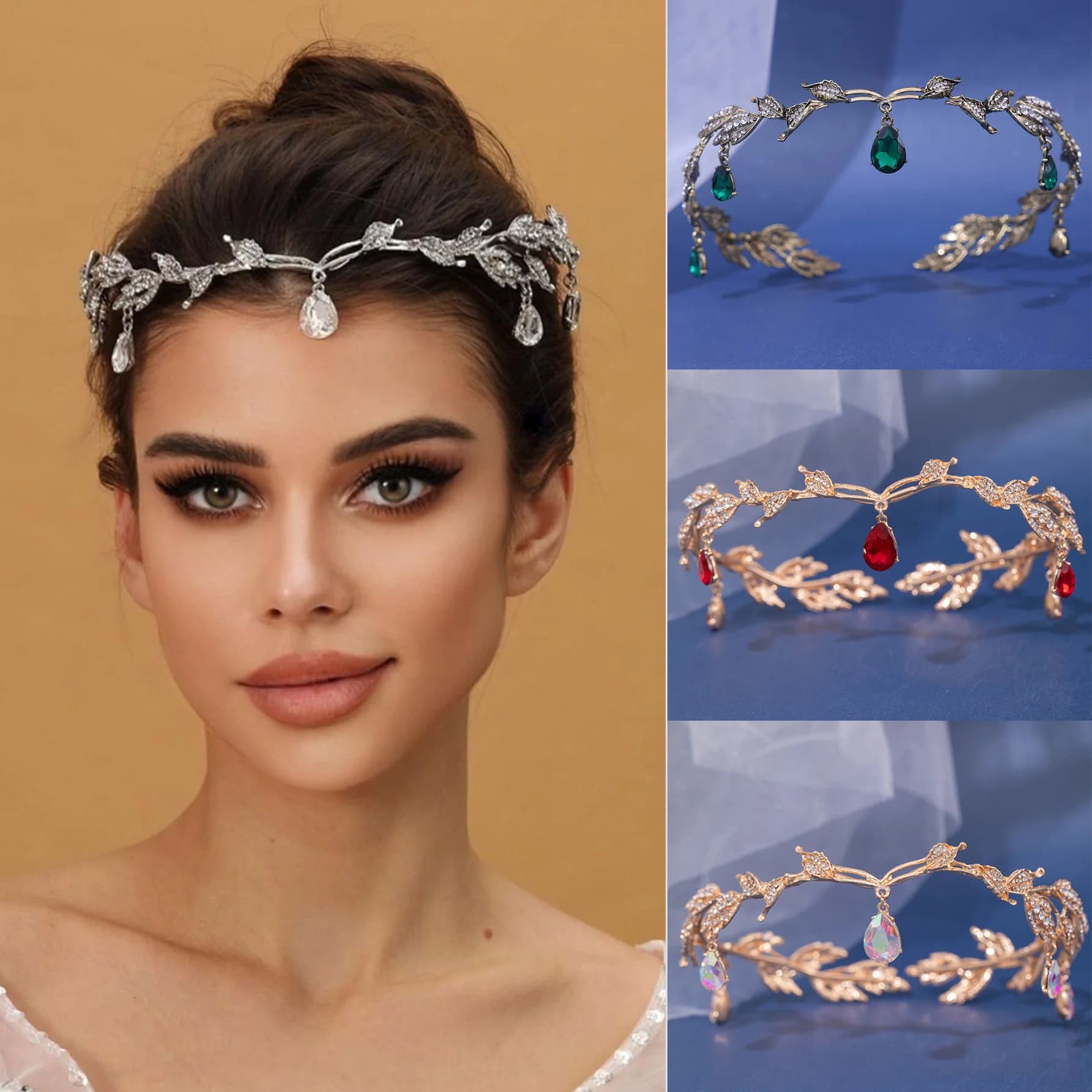 New Vintage Crown Leaves Waterdrop Pendent Tiara Wedding Hairband Rhinestone Party Princess Elf Hairdress Jewelry
