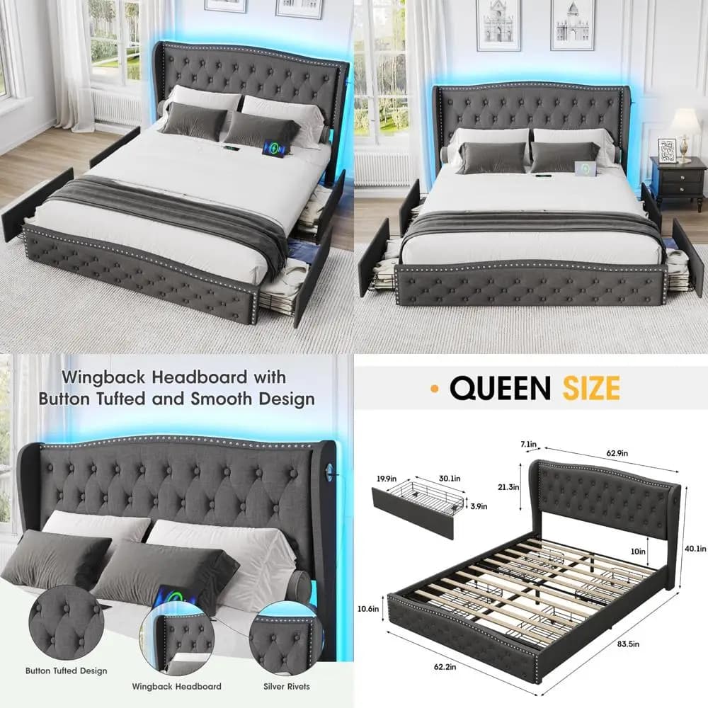 queen size upholstered led bed frame with storage drawers and charging station, wingback headboard platform bed