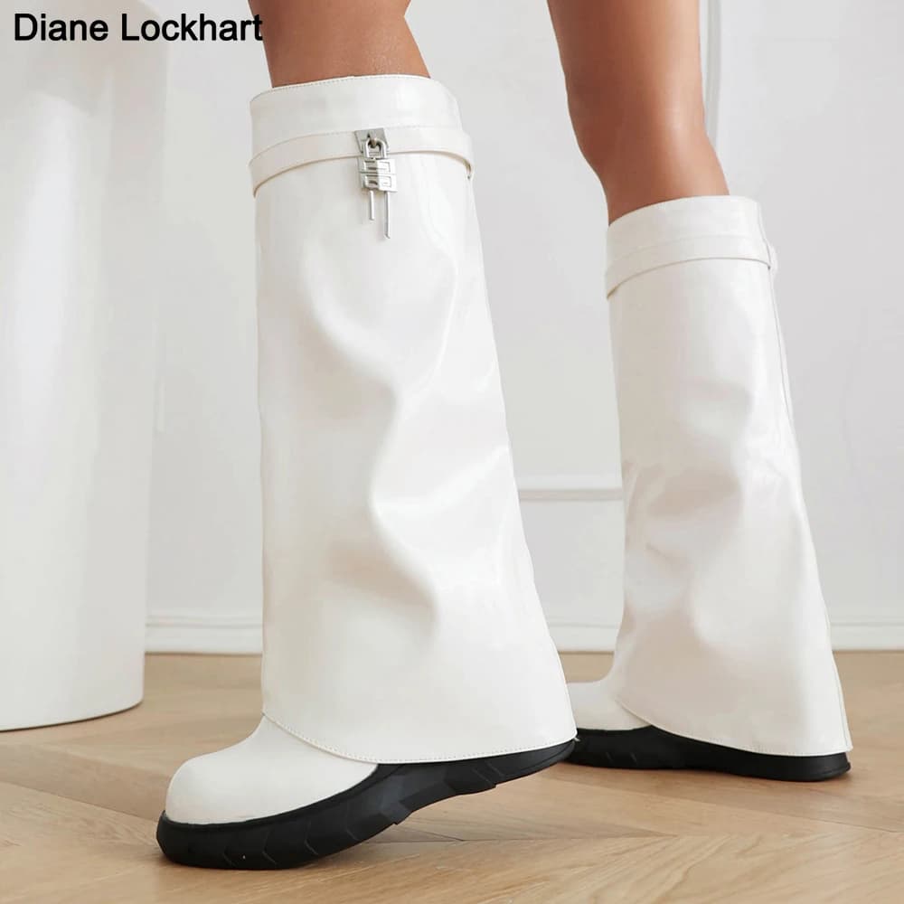 Women Shark Lock Round Toe Wedge Boots White Red Patent Leather Fold Knee High Boots Padlock Female New Designer Luxury Brand