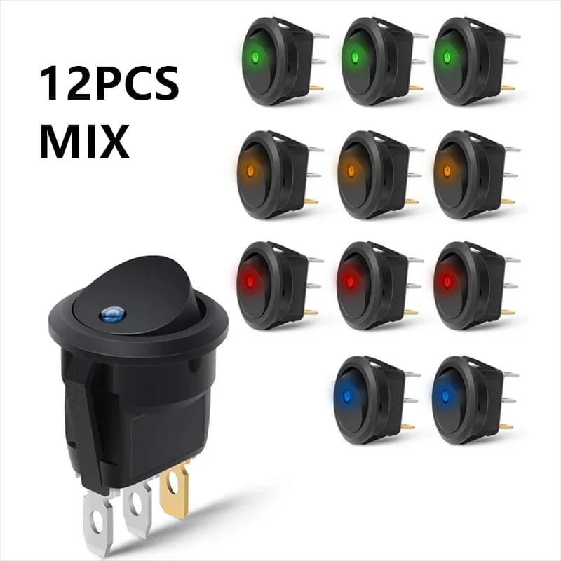 12Pcs Rocker Switch Toggle 12v SPST 3 Pins 2 Position ON/Off Blue LED Light Illuminated Boat Switch