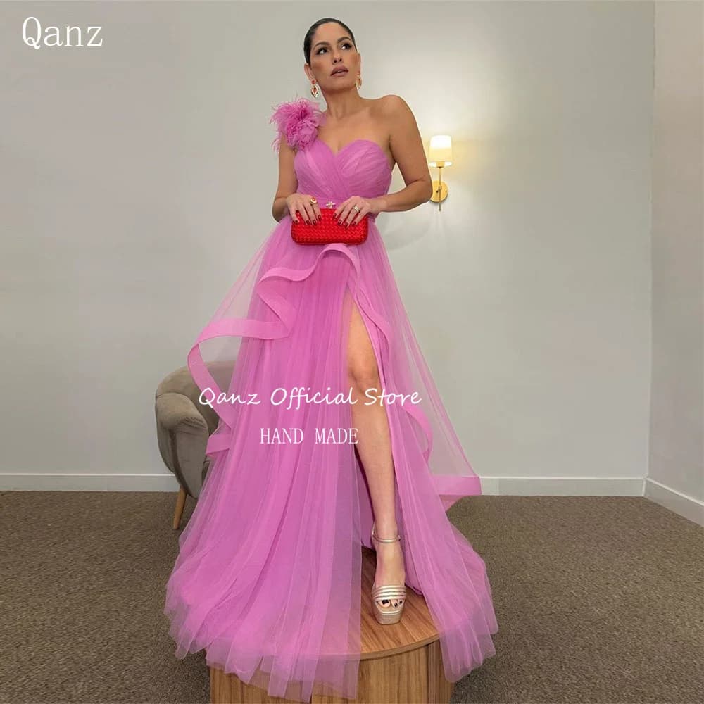 Qanz Elegant Long Evening Dresses Tulle Feathers High Slit Vestidos De Fiesta Ladies Dresses for Special Occasions Customized