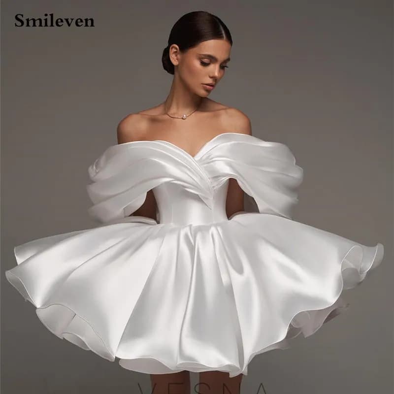 Smileven Short Wedding Dress A Line Soft Satin Off The Shoulder Bride Dresses Mini Sweetheart Neck Vestido de novia Customized