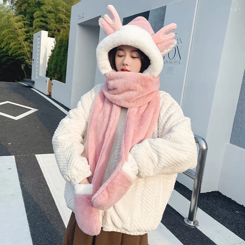 Christmas Hat Deer Horn Scarf Hat Girl's Winter Ear Protection Hat Scarf Glove Three Piece Set Scarf Plush And Warm Hat