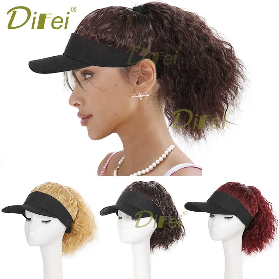 DIFEI Summer/autumn Hat Wig Synthetic Wig Women's Fashion Black Topless Sun Hat Wavy Fluffy High Ponytail Hat Wig