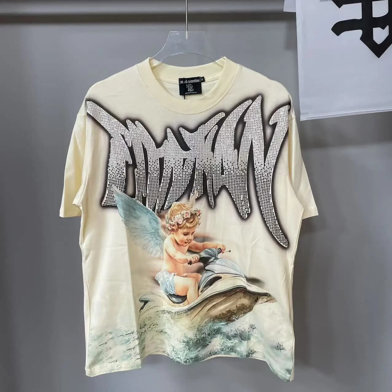 Winged Angel Rhinestone Short Sleeve Mens Tshirts Streetwear Cotton Loose Round Neck Summer Tees Oversized Unisex Tshirt