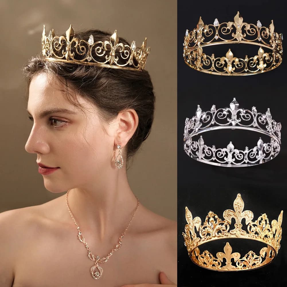 Classic King Hair Jewelry Crown Baroque Full Circle Gold Rhinestone Alloy Crown Men and Women Party Headwear Wedding