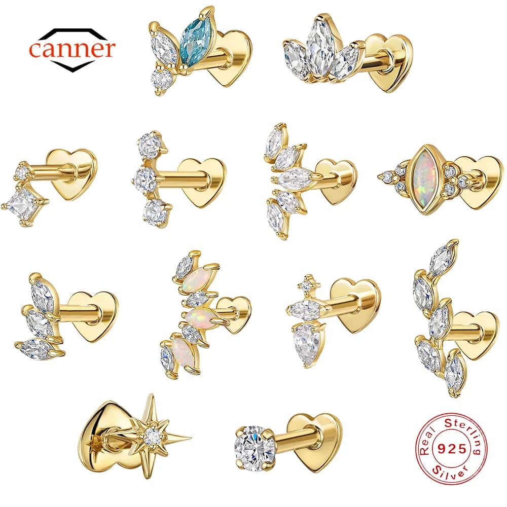 CANNER 1PC 925 Sterling Silver Crown Horse Eye Zircon Heart Flat Head Cartilage Piercing Stud Earring For Women Claasic Earring